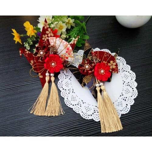 Japanese Style Paper Crane Sakura Fan Headdress Hair Clip Tsumami Zaiku Kanzashi Red black Kimono Bathrobe Hairpin Handmade