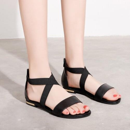 SKLFGXZY 2020 Genuine Leather Low Heels Solid Women Shoes Zip Up Plus Size 34-46 Casual Shoes Woman Summer Sandals