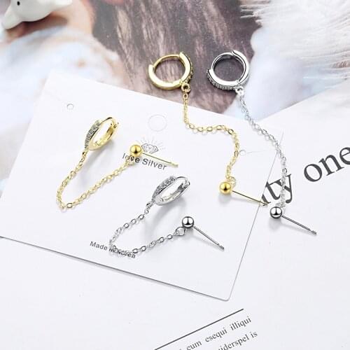 Womens New Fashion Two Ear Hole Piercing Hoop Earrings Chain Tassel Crystal Hoop Stud Shiny Bohemia Trendy Earring Jewelry Gift
