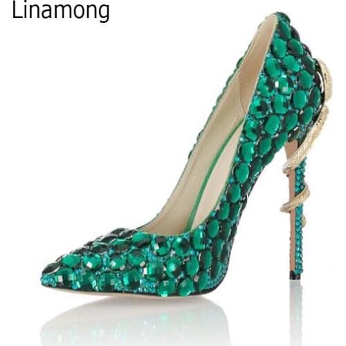 Sexy Green diamonds Full Covered pointed toe Metal Snake Heels wedding shoes Bling green rhinestones gold snake heel woman shoes