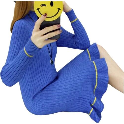 Ruffle Sweater Dress Autumn Winter 2019 Long Sleeve Bodycon Dresses Ladies Knee Length Knitted Lotus Leaf Hem Sweater Dress L80