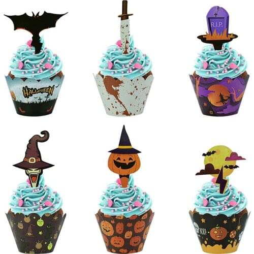 12pcs/set Halloween Cupcake Wrapper Pumpkin Pattern Baking Cup With Cake Topper Muffin Dessert Decor Halloween Party Supplies