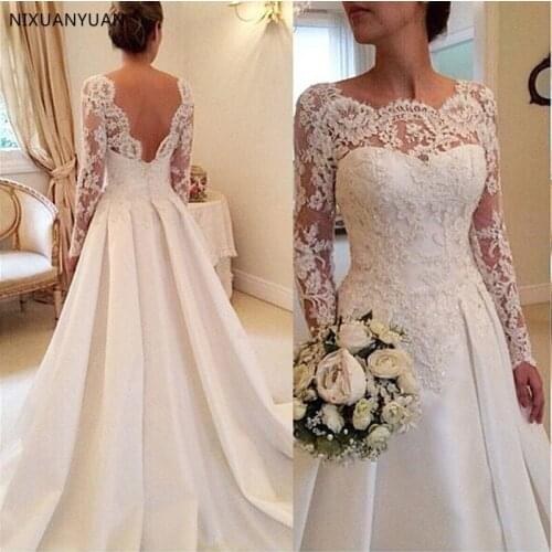 2021 Elegant Vestido De Renda Lace Long Sleeves Wedding Dress Open Back A Line Plus Size Satin Skirt Bridal Gowns