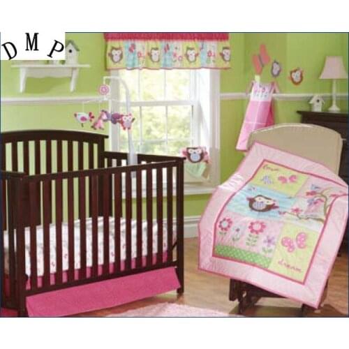 7PCS baby crib bedding sets cotton embroidery character baby bedding sets kit de berço (4bumper+duvet+bed cover+bed skirt)