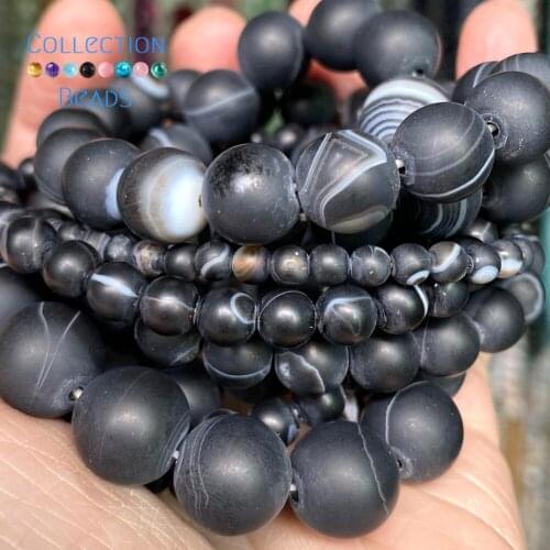 Natural Dull Polished Black Stripe Agates Stone Spacer Loose Round Beads For Jewelry Making 4-12 mm Diy Bracelets Accessories