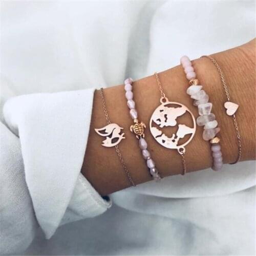 5 Pcs/Set Fashion Bracelet Pink Rhinestone Love Fox Earth Map Bangles For Women Jewellery Wedding Beach Party Friends Gift