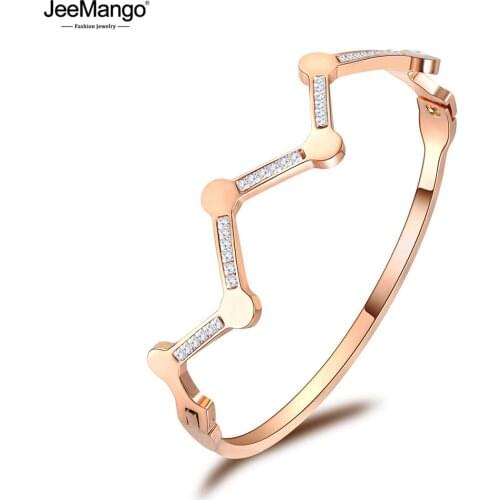 JeeMango Stainless Steel Point Polylines Design Cubic Zirconia Cuff Bangle Bracelets Lovers Jewelry Valentines Day Gift JB18067