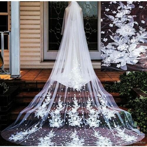 Lace Floral Appliqued White Ivory Bridal Veil One Layer 3M Long With Comb Wedding Hair Accessories Tulle Wedding Jewelry