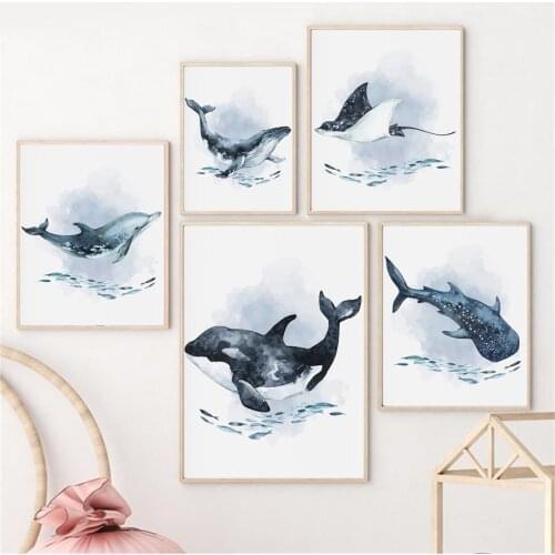 Deep Ocean Blue Whale Shark Sea Wall Art Canvas Painting Posters And Prints Wall Pictures Boy Kids Room Underwater Nursery Decor