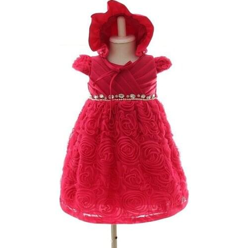 Lace Flower Baby Girl Dress with Hat Diamond belt 1 year birthday dress lantern sleeve baby dresses vestido infantil 3-12M