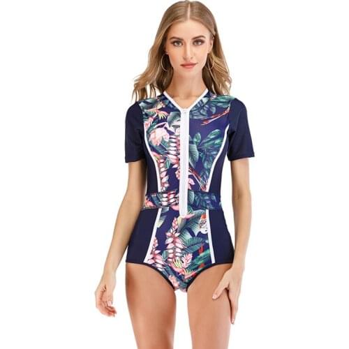 Summer Printed Swim Wear one-piece Bathing Suit Women Zipper Swimwear One Piece Swimsuit Female Short Sleeve Swimming Bodysuits