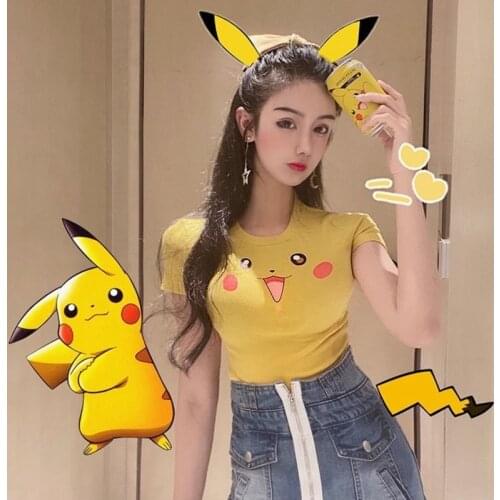 Pokemon Cartoon Print Cute Pikachu New Skinny Cute Girly Style Sexy Pink Tops Women Short Cropped School Uniform T Shirt
