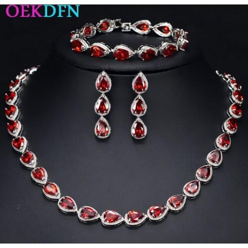 OEKDFN Solid 925 Sterling Silver Pear Citrine Ruby Gemstone Necklace/Earrings/Bracelet Cocktail Anniversary Jewelry Sets Women