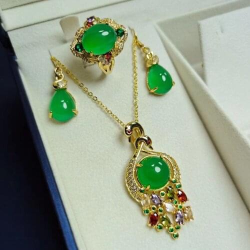 Natural ice imperial green chalcedony inlaid earrings necklace and ring