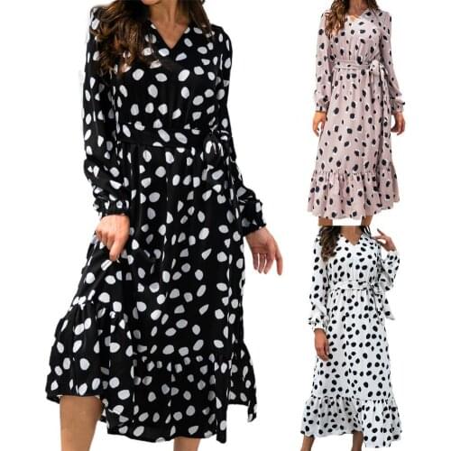 Dot Print Ruffle Large Hem Midi Dress Elegant V Neck Puff Long Sleeve Autumn Dress Sundress