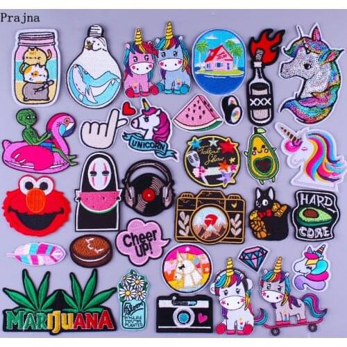 Prajna Cartoon Unicorn Cat Animal Patches Embroidered Patches For Clothing DIY Fashion Leaf Camera Alien Stripe Iron On Patches