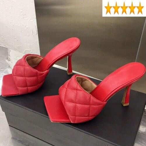 Designer Fashion Women Summer Rhombus Slip On Outside Slippers High Heels Genuine Leather Sandals Ladies Shoes Colors