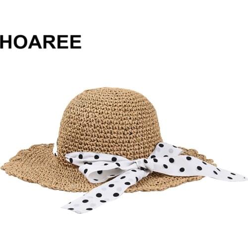 HOAREE Sun Hat for Women Summer Straw Foldable Wide Brim Dot Bowknot Elegant Ladies Vintage Beautiful Brand Casual Beach Cap