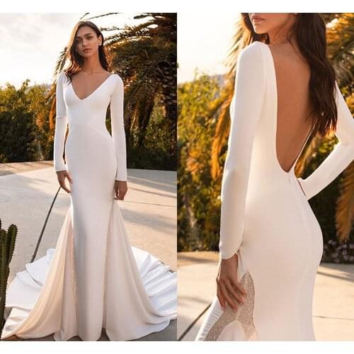 Vintage Long Sleeves Mermaid Wedding Dresses 2021 V Neck Backless Side Illusion Beading Wedding Gowns vestido de noiva