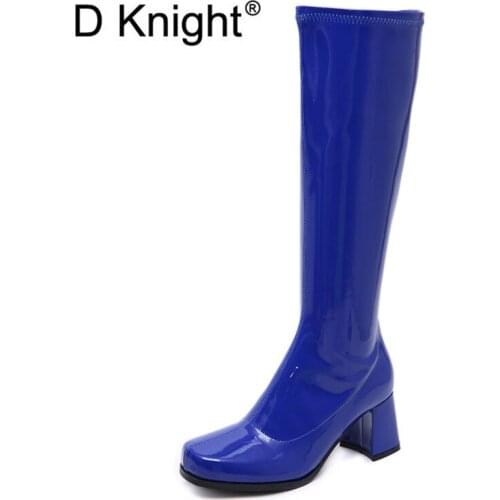 2020 Autumn Winter Women Boots Fashion Shoes Female Western Boot Black Blue New Patent Leather Boots Side Zipper Knee High Boots