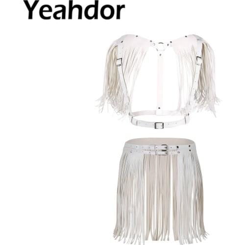 Sexy Cosplay Costume for Women Goth Rave Tassel Harness Belt Tank Top Fringe Tassel Skirt Belt Nightclub PU Leather Bondage Belt