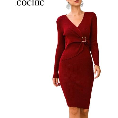 Women Sexy Spring Autumn Slim V neck solid color knit dress Shealth office Dresses