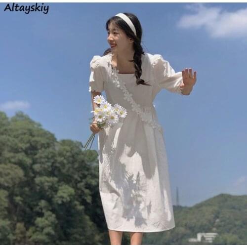 Summer Dress Women Refreshing Vintage Holiday Comfortable Solid Loose Elegant Puff Sleeve Slim Breathable Simple Ladies Clothing