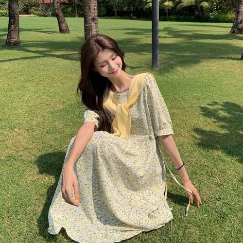 Summer Short Sleeve Dress With Cape Floral Chiffon Midi Korean Fashion Vestidos Bohemia Women High Waist Beach sundress 2021