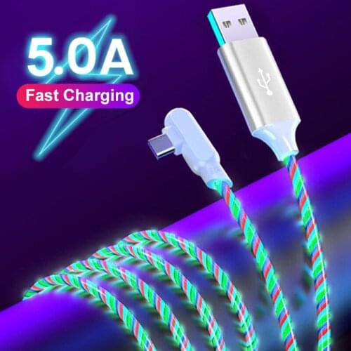 1m/2m 5A Elbow 90 degrees Fast Charging Cable For Samsung Huawei Micro USB Type C Flow Luminous Lighting LED Kable Data Cord