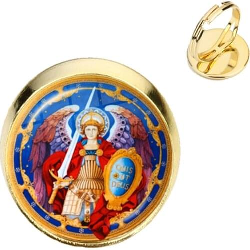 1pcs 16mm Glass Cabochon Rings Archangel St.Michael Protect Me Saint Shield Protection Charm Russian Orhodox Jewelry For Kids