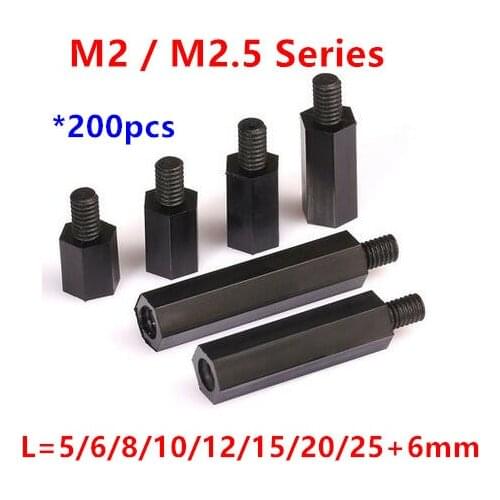 200pcs M2/M2.5 Black Nylon Standoff Spacer Male to Female Column Plastic Long Hex Nut/Screws PCB Pillar