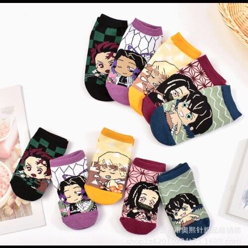 5 Pairs/Set Anime Demon Slayer Kimetsu No Yaiba Socks Cartoon Kamado Stockings Cotton Short Socks Halloween Cosplay Prop