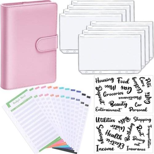 A6 Pu Leather Notebook Binder Budget Planner Organizer 6 Ring Binder Cover, 8 Binder Pockets And 12 Pieces Expense Budget Sheets
