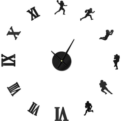1Piece American Football Players DIY Large Wall Clock Rugby Fans Sports Frameless Giant Wall Watch 3D Mirror Effect Wall Sticker