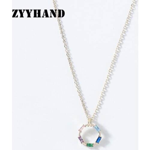 Multi Color Zircon Women Round Pendant Necklace Golden Rainbow Stone Cross Chain 16inch Copper Alloy Simple Style Girl Jewelry