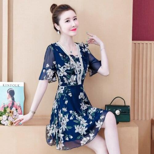Floral Chiffon Dress Womens Clothing Summer 2020 New Popular Temperament Feminine V-neck Short Sleeve Mini Dresses RobesK375