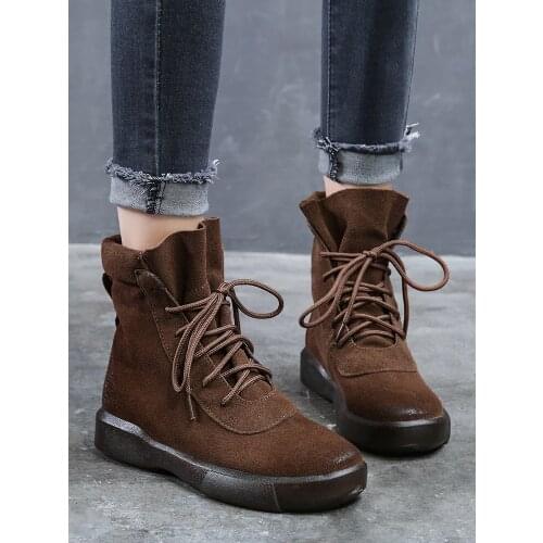 LAASIMI Winter Womens High Flat Boots For Women Cow Suede Leather Ankle Boots Shoes Woman Western Footwear Handmade Large Size