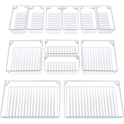Hot Set Of 12 Desk Drawer Organizer Trays with 3-Size Clear Plastic Storage Boxes Divider Make-Up Organiser for Office