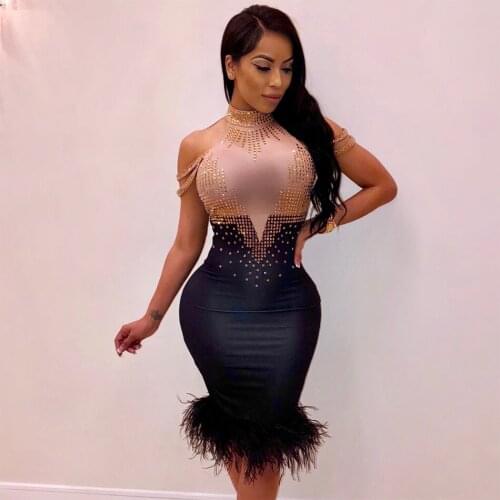 Hot Sale Crystal Embellished Sleeveless Feather Bandage Dress Colorblock Off The Shoulder Beading Mock Neck Mini Bodycon Dress