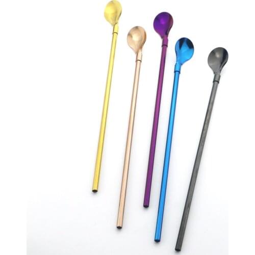 4Pcs Reusable Long Handle Straw Spoon Colorful 18/10 Stainless Steel Straw Tea Scoop Straight Bar Coffee Stirring Drinking Spoon