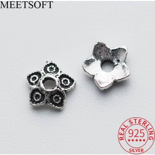 MEETSOFT Vintage 925 Sterling Silver 5pcs/lot Circle Petal Torus Flower bead caps Charms of DIY Handmade Jewelry Accessory