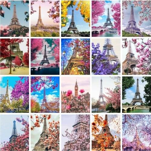 AZQSD Drawing By Numbers Tower Flower Painting By Numbers Landscape Hand Paint Kit Canvas Modern Living Room Decor Framed Diy