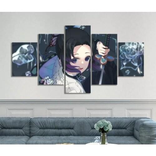 Wall Art Canvas Painting Print 5 Piece Hd Animation Blade Of Ghost Picture Butterfly Tolerance Poster Modular Bedroom Home Decor