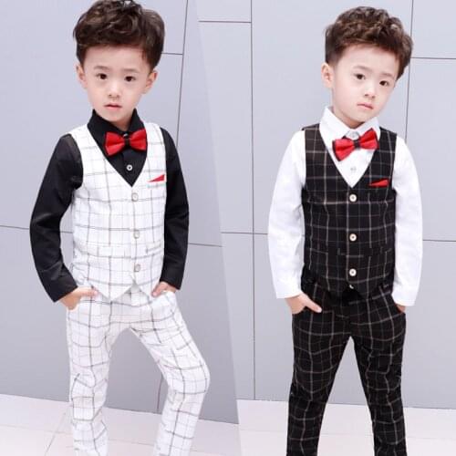New Arrival children costumes wedding flower boys dress Plaid handsome Kids pant shirt bow vest 4 parts suits black/white