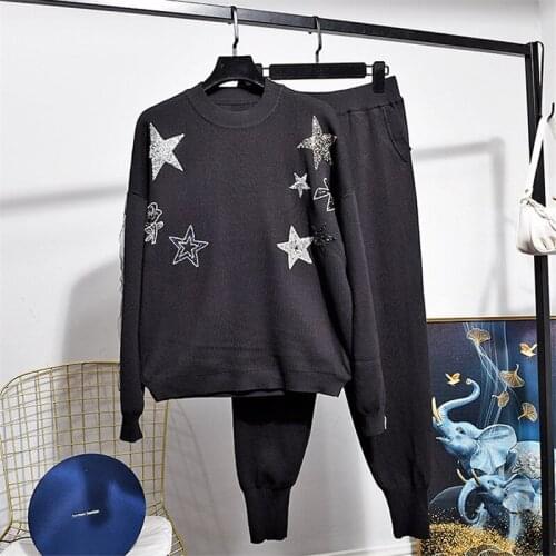 Autumn Black Knitted Tracksuit Women Outfits Manual Star Diamond Tassel Pullover Sweater Pants Set Loose Casual Knit Suit Female