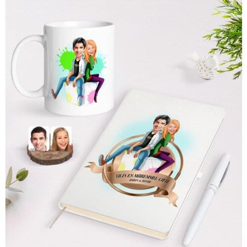 Personalized the Perfect Pair Of Caricature Of White Notebook pen And Mug Seti-35