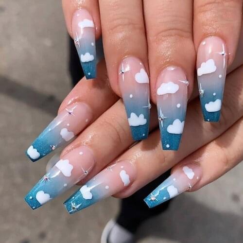 Fake long fingernail Sky Blue Clouds Gradient Rhinestone Wearing Nail Finished Fake Nail Nail Patch full cover fake nail tips