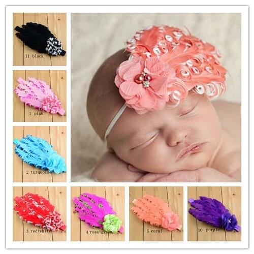 Feather pads headbands feather headbands with chiffon flowers for girls toddle 30pcs/lot FDA79