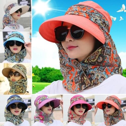 Women Summer Outdoor Riding Anti-UV Sun Hat Beach Foldable Sunscreen Floral Print Caps Neck Face Wide Brim Hats New