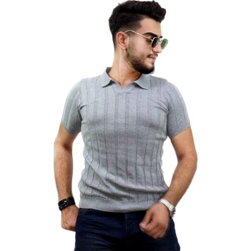 Kulemoda gray color thin striped polo collar knitwear unisex T-shirt